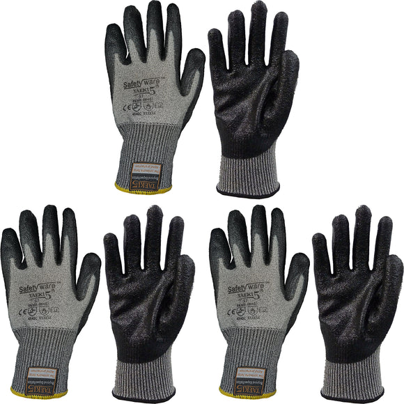 3 Pair Safetyware Anti Cut Oil Resistant Proof Nitrile Safety Work Gloves Coated Heavy Duty Level 5 for Kitchen Gardening Mechanic Construction General Purpose