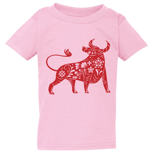 Chinese Zodiac New Year OX Bull Cow Pink T-Shirt Tee Baby Kids Boy Girl