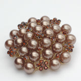14k Yellow Gold Plated Shiny Crystals Brown Pearls Women Brooch Pin