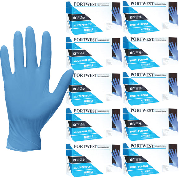Portwest 1000pcs Latex & Powder Free Nitrile Disposable Safety Gloves Blue Bulk for Medical Mechanic Food Lab A925
