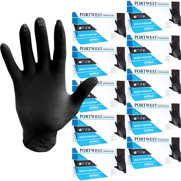 Portwest 1000pcs Latex & Powder Free Nitrile Disposable Safety Gloves Black Bulk for Medical Mechanic Food Lab A925