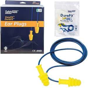 100 Pair Safetyware Reusable Corded Ear Plugs Noise Reduction Cancelling Work Sleeping Bulk HP-201 TPR DuraFit Yellow