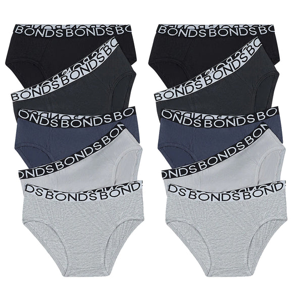 10x Bonds Boys Briefs Kids Comfy Cotton Undies Underwear Black Grey UWBT5A Bulk Multi Assorted