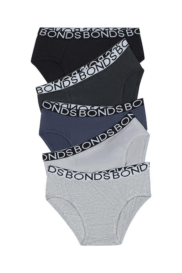 5 Pack Bonds Boys Briefs Kids Comfy Cotton Undies Underwear Black Grey UWBT5A Multi Bulk Assorted