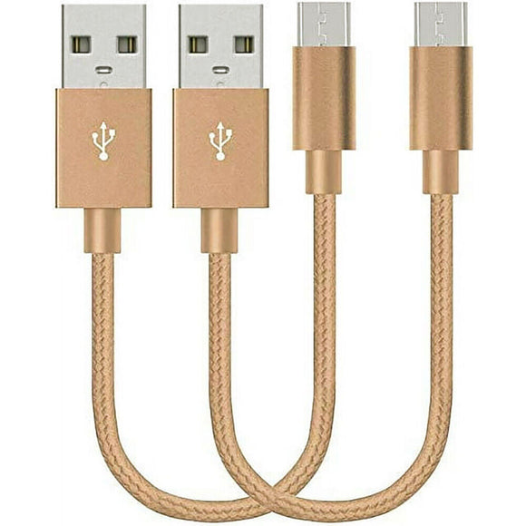 2 Pack 20cm Short Data Transfer Charger Charging Micro USB Cable Cord for Android Phone Device Tablet Bulk Braided Gold Nylon