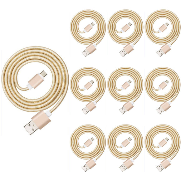 10 Pack 2m Long Data Transfer Charger Charging Micro USB Cable Cord for Android Phone Device Tablet Bulk Braided Gold Nylon