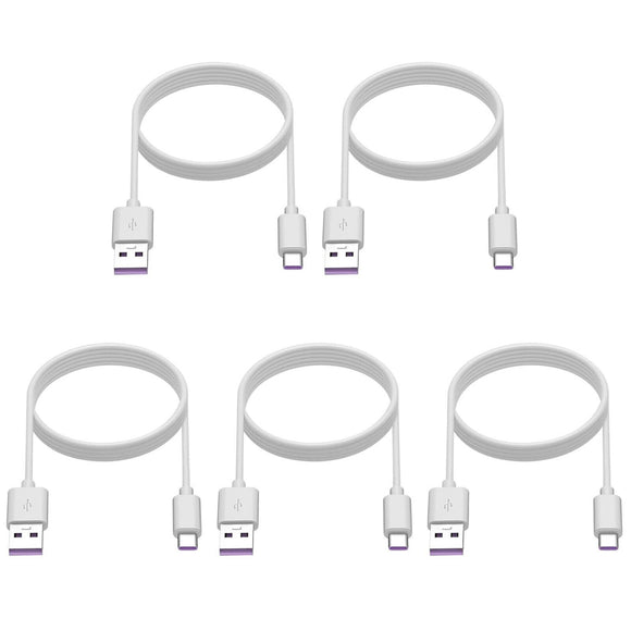 5 Pack 1m Data Transfer Charger Charging USB Type C Phone Tablet Cable Cord Bulk White TPE Plastic