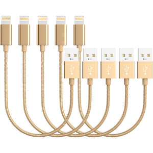 5 Pack 20cm Short Data Transfer Charger Charging USB Cable Cord for Apple iPhone iPad iPod Bulk Braided Gold Strong Nylon
