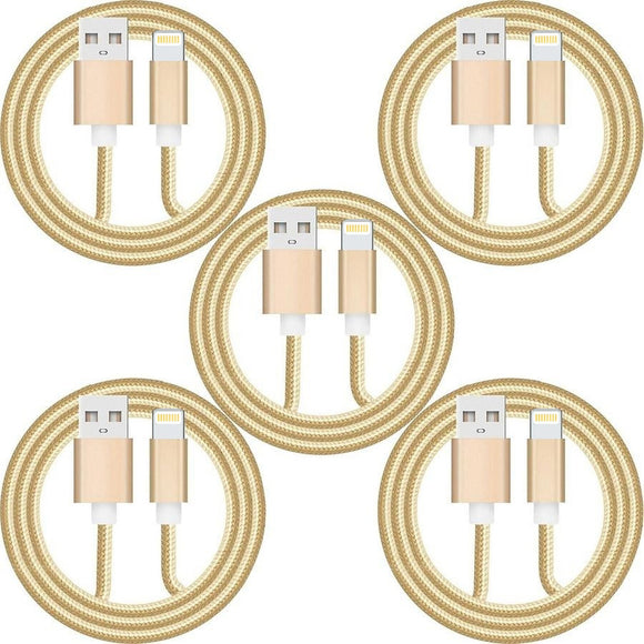 5 Pack 1m Data Transfer Charger Charging USB Cable Cord for Apple iPhone iPad iPod Bulk Braided Gold Strong Nylon