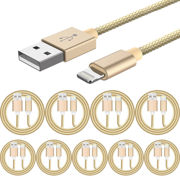 10 Pack 1m Data Transfer Charger Charging USB Cable Cord for Apple iPhone iPad iPod Bulk Braided Gold Strong Nylon