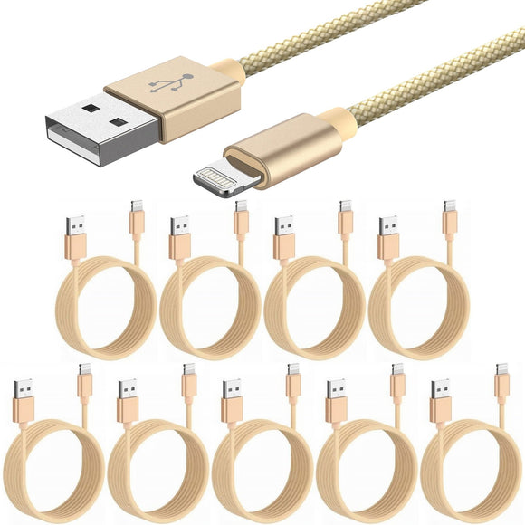 10 Pack 2m Long Braided Data Transfer Charger Charging USB Cable Cord for Apple iPhone iPad iPod Bulk Braided Gold Strong Nylon