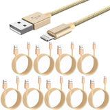 10 Pack 2m Long Braided Data Transfer Charger Charging USB Cable Cord for Apple iPhone iPad iPod Bulk Braided Gold Strong Nylon