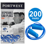 200 Pair Portwest Detectable Disposable Corded PU Soft Foam Ear Plugs Bulk Anti Noise Reduction Cancelling for Work Sleeping Blue with String EP30