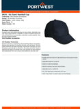 Portwest Six Panel Baseball Cap Adjustable Curve Plain Black Unisex Cotton Safety Work Hat B010