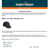 Portwest Six Panel Baseball Cap Adjustable Curve Plain Black Unisex Cotton Safety Work Hat B010
