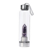 Natural Gemstone Crystal Obelisk Healing Wand Quartz + Glass Drink Water Bottle