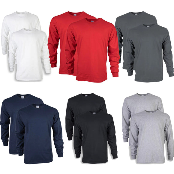 2 Pack Mens Cotton Crew Neck Long Sleeve Blank Plain Basic T-Shirt Tee Top Bulk