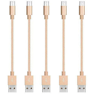 5 Pack 20cm Short Data Transfer Charger Charging Micro USB Cable Cord for Android Phone Device Tablet Bulk Braided Gold Nylon