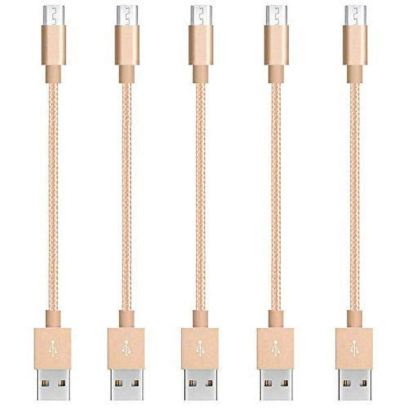 5 Pack 20cm Short Data Transfer Charger Charging Micro USB Cable Cord for Android Phone Device Tablet Bulk Braided Gold Nylon