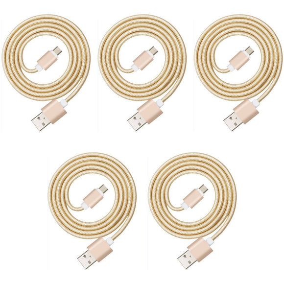 5 Pack 2m Long Data Transfer Charger Charging Micro USB Cable Cord for Android Phone Device Tablet Bulk Braided Gold Nylon