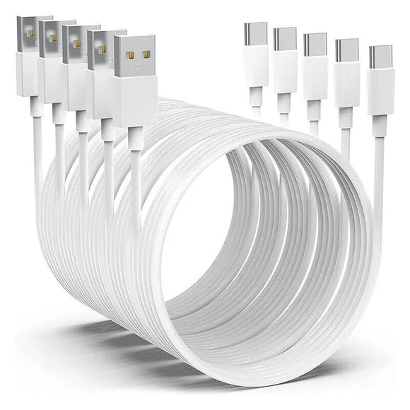 5 Pack 2m Long Data Transfer Charger Charging USB Type C Phone Tablet Cable Cord Bulk White TPE Plastic