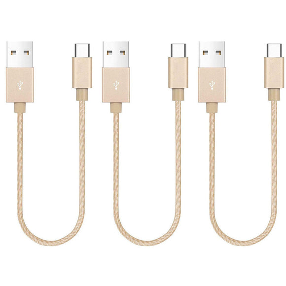 3 Pack 20cm Short Data Transfer Charger Charging USB Type C Phone Tablet Cable Cord Bulk Braided Gold Nylon