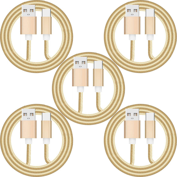 5 Pack 1m Data Transfer Charger Charging USB Type C Phone Tablet Cable Cord Bulk Braided Gold Nylon