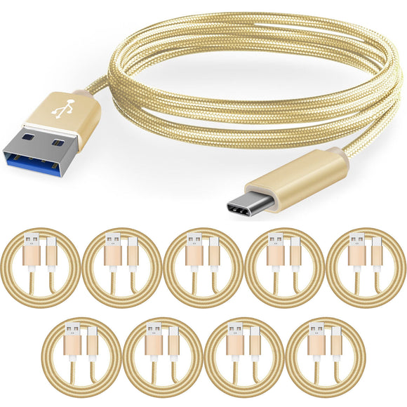 10 Pack 1m Data Transfer Charger Charging USB Type C Phone Tablet Cable Cord Bulk Braided Gold Nylon