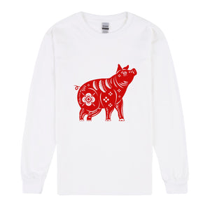 Chinese Zodiac New Year Pig Animal Art Mens White Long Sleeve T Shirt Tee Top