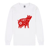 Chinese Zodiac New Year Pig Animal Art Mens White Long Sleeve T Shirt Tee Top
