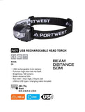 Portwest PA71 USB Rechargeable COB LED Head Torch Light Tilt Headlight Headlamp Super Bright 50m