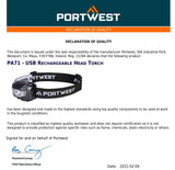 Portwest PA71 USB Rechargeable COB LED Head Torch Light Tilt Headlight Headlamp Super Bright 50m