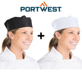 2 Pack Portwest S899 Chefs Skull Cap Adjustable Hat Black White Water Resistant for Men & Women Kitchen Cooking Baker Restaurants Catering Bulk