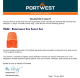 5 Pack Portwest Breathable Sun Shield Cap Reflective Safety Work Hat Neck Protection Shade Visor Orange Bulk