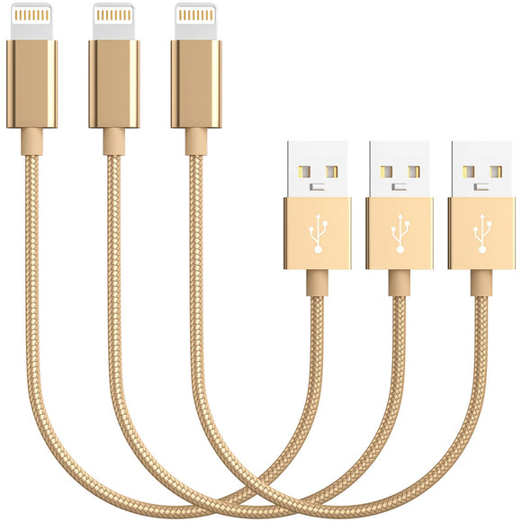 3 Pack 20cm Short Data Transfer Charger Charging USB Cable Cord for Apple iPhone iPad iPod Bulk Braided Gold Strong Nylon