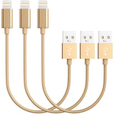 3 Pack 20cm Short Data Transfer Charger Charging USB Cable Cord for Apple iPhone iPad iPod Bulk Braided Gold Strong Nylon