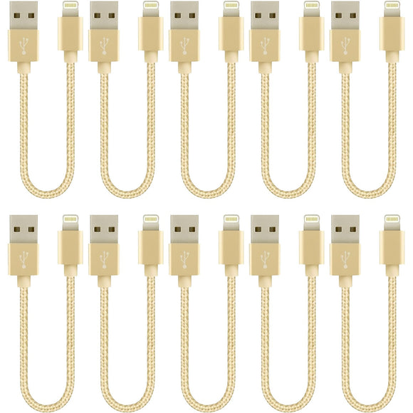 10 Pack 20cm Short Data Transfer Charger Charging USB Cable Cord for Apple iPhone iPad iPod Bulk Braided Gold Strong Nylon