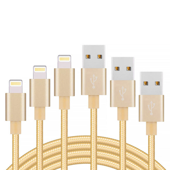 3 Pack 2m Long Braided Data Transfer Charger Charging USB Cable Cord for Apple iPhone iPad iPod Bulk Braided Gold Strong Nylon