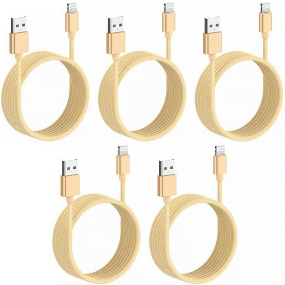 5 Pack 2m Long Braided Data Transfer Charger Charging USB Cable Cord for Apple iPhone iPad iPod Bulk Braided Gold Strong Nylon