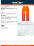 4 Pack Portwest Hi-Vis Orange Waterproof Windproof Rain Pants Trousers with Reflective Tape Bulk