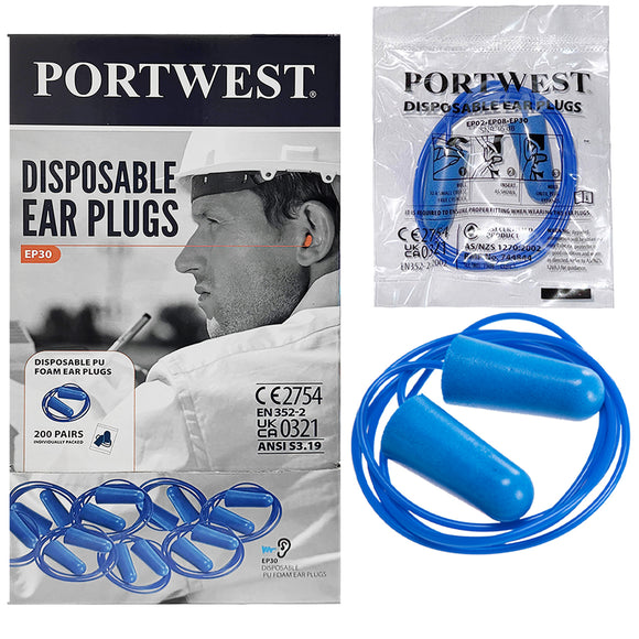 200 Pair Portwest Detectable Disposable Corded PU Soft Foam Ear Plugs Bulk Anti Noise Reduction Cancelling for Work Sleeping Blue with String EP30