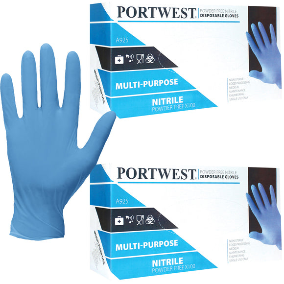 Portwest 200pcs Latex & Powder Free Nitrile Disposable Safety Gloves Blue Bulk for Medical Mechanic Food Lab A925