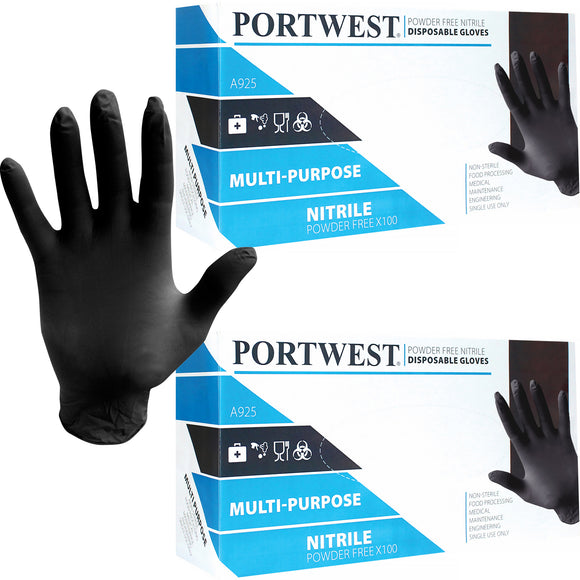 Portwest 200pcs Latex & Powder Free Nitrile Disposable Safety Gloves Black Bulk for Medical Mechanic Food Lab A925