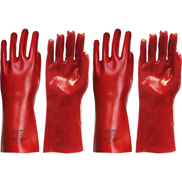 2 Pair Safetyware Protecto-Lite PVC Gauntlet Safety Work Gloves Chemical Resistant Red Long Single Dip Protection for Kitchen Cleaning Oil Dishwashing Mechanic General Purpose