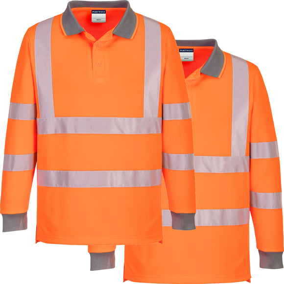 2 Pack Portwest EC11 Eco Hi Vis Polo Long Sleeve Shirt Orange Bulk Work Safety Workwear Reflective Tape High Visibility Class DNC Day & Night