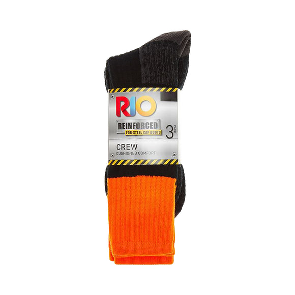 3 Pack Rio Reinforced For Steel Cap Boots Crew Mens Thick Tough Work Socks Fluro Orange