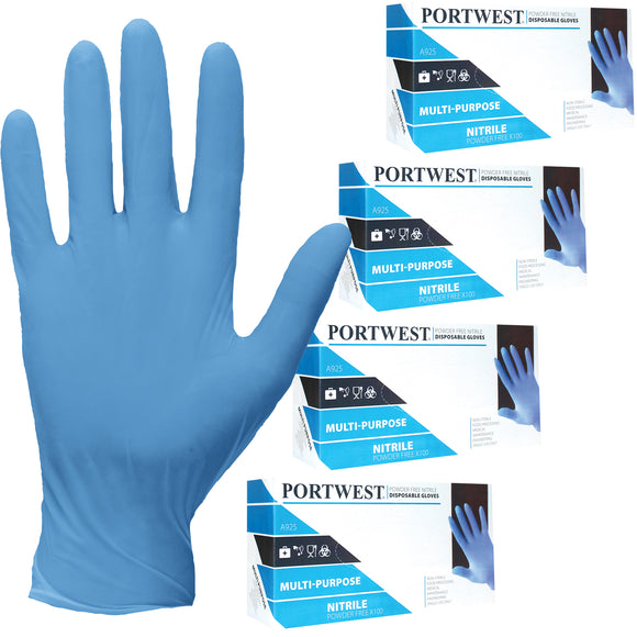 Portwest 400pcs Latex & Powder Free Nitrile Disposable Safety Gloves Blue Bulk for Medical Mechanic Food Lab A925