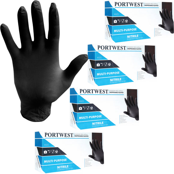 Portwest 400pcs Latex & Powder Free Nitrile Disposable Safety Gloves Black Bulk for Medical Mechanic Food Lab A925