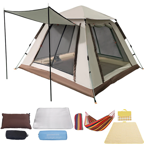 Outdoor Instant Automatic Pop up Camping Dome Tent 4 Person + Hammock Pillow Picnic Mat Cushion