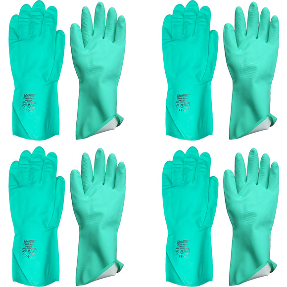 4 Pair Safetyware Chemical Resistant Flocklined Nitrile Safety Work Gloves Bulk 15mil Thick Green for Cleaning Oil Dishwashing Kitchen Mechanic General Purpose